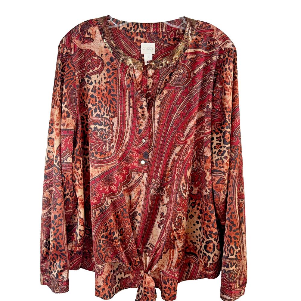 Chicos XL Womens Satin Long Sleeve Blouse V Neck Tie Front Western Boho Paisley